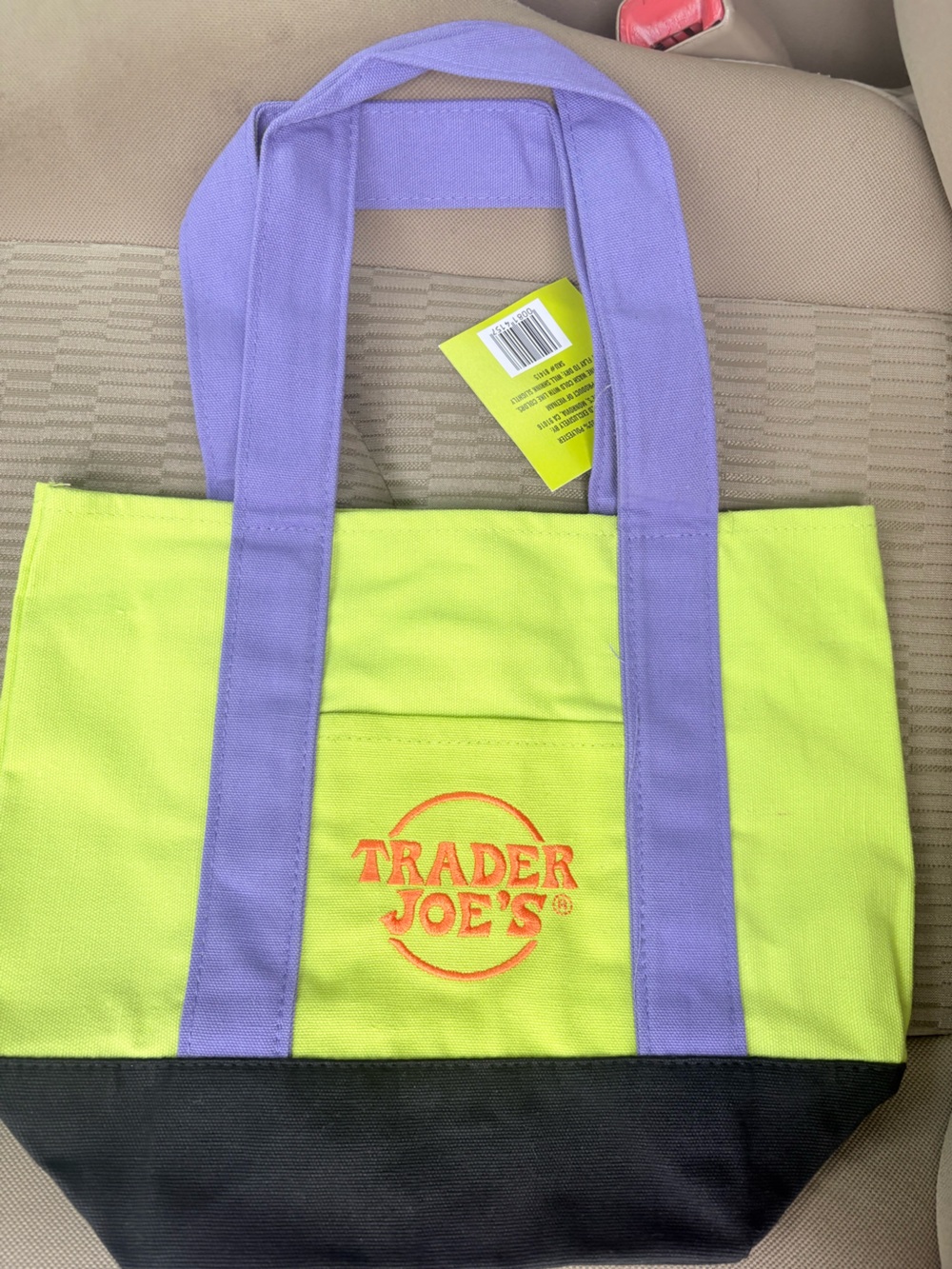 Trader Joe’s Halloween Neon Green Canvas mini Tote with Lavender Handles
